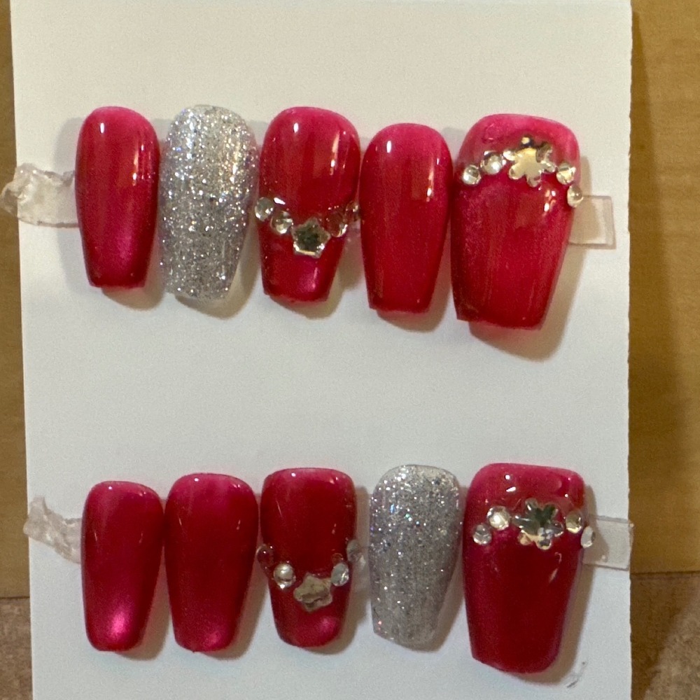 Magenta Pink Cat Eye Press On Nails Silver Glitter Rhinestone Coffin Medium